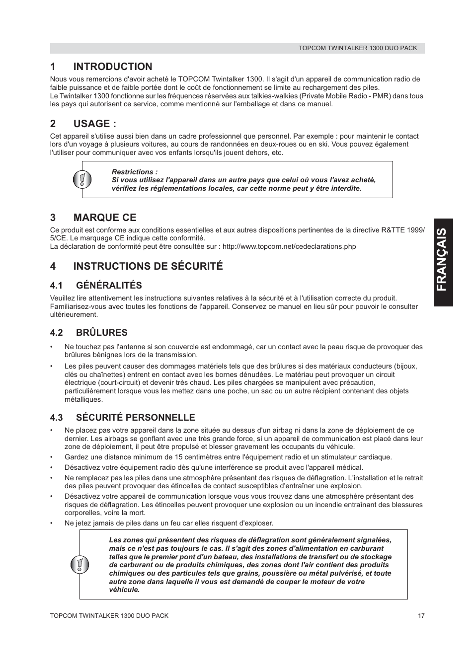 Français, 1introduction, 2usage | 3marque ce, 4instructions de sécurité | Topcom 1300 DUO PACK User Manual | Page 17 / 124