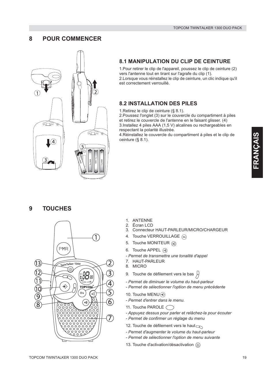 Français, 8pour commencer, 9touches | Topcom 1300 DUO PACK User Manual | Page 19 / 124