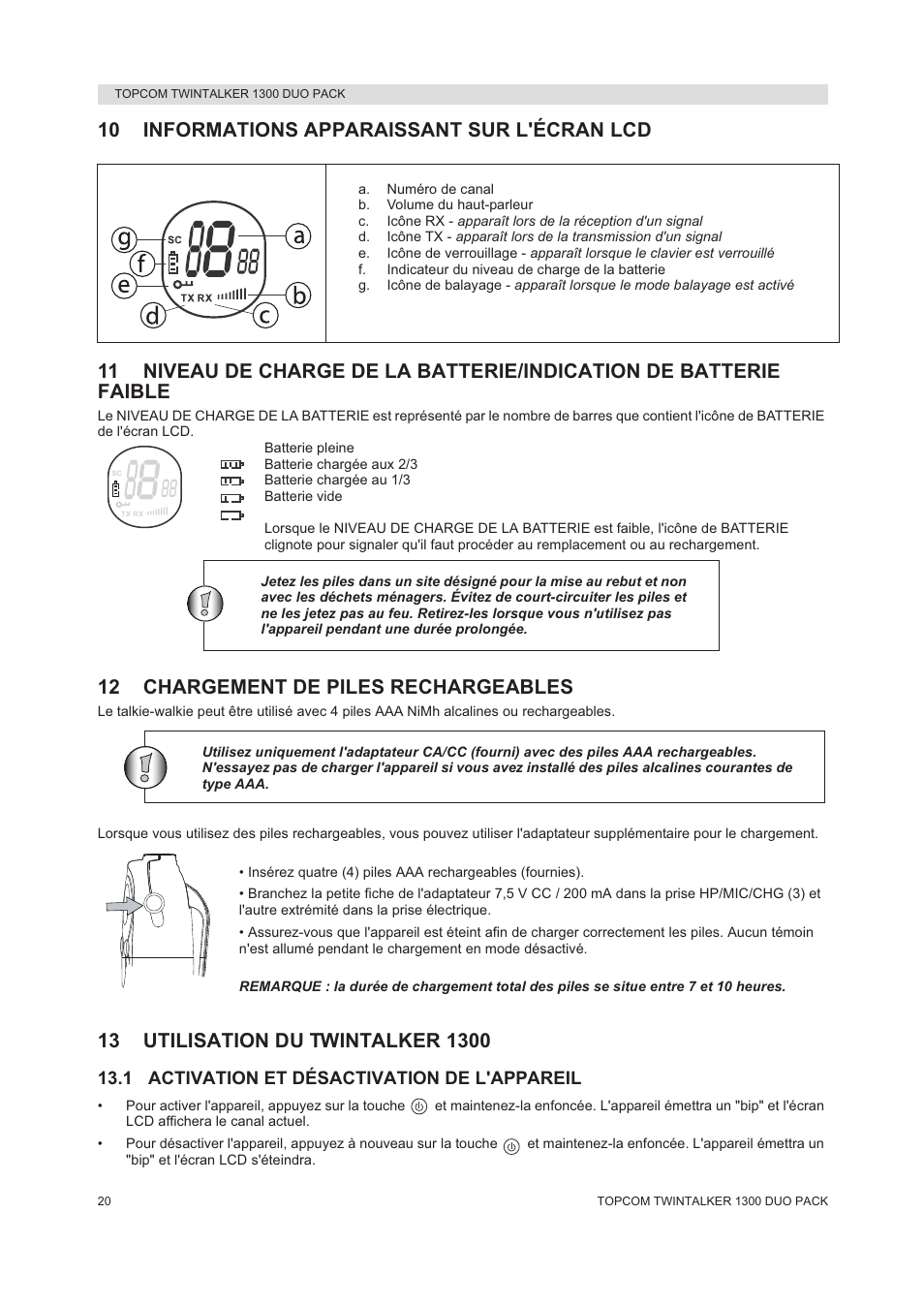 12 chargement de piles rechargeables | Topcom 1300 DUO PACK User Manual | Page 20 / 124