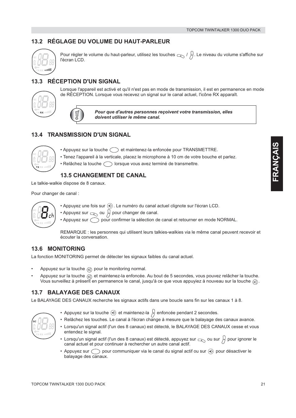 Français, 2 réglage du volume du haut-parleur, 3 réception d'un signal | 4 transmission d'un signal, 5 changement de canal, 6 monitoring, 7 balayage des canaux | Topcom 1300 DUO PACK User Manual | Page 21 / 124