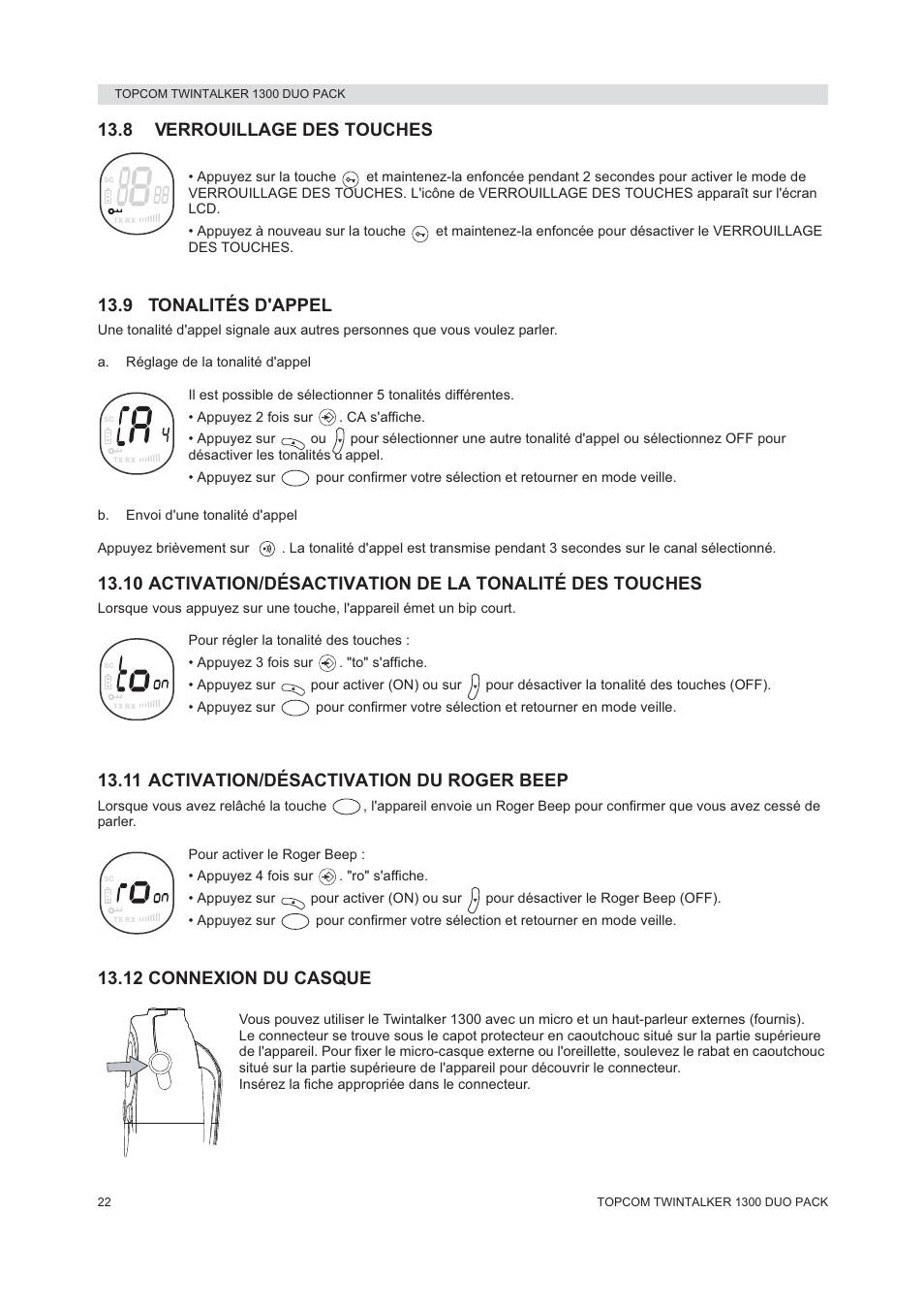 8 verrouillage des touches, 9 tonalités d'appel, 11 activation/désactivation du roger beep | 12 connexion du casque | Topcom 1300 DUO PACK User Manual | Page 22 / 124