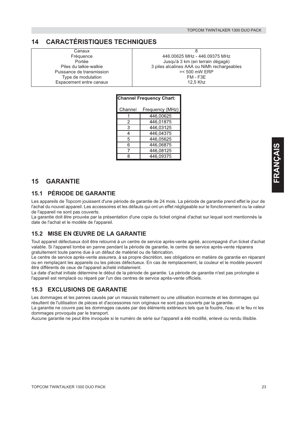 Français, 14 caractéristiques techniques 15 garantie | Topcom 1300 DUO PACK User Manual | Page 23 / 124