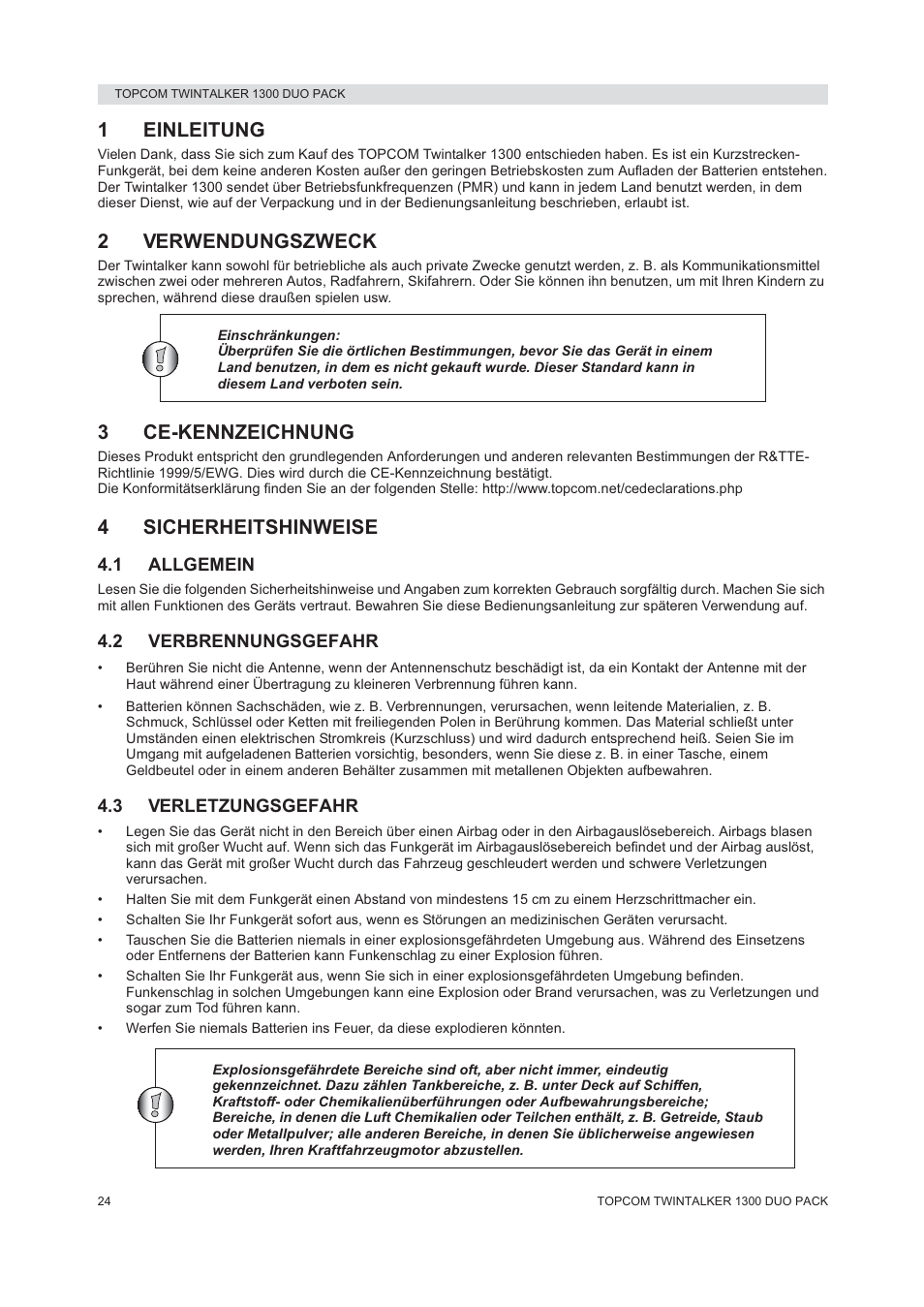 1einleitung, 2verwendungszweck, 3ce-kennzeichnung | 4sicherheitshinweise | Topcom 1300 DUO PACK User Manual | Page 24 / 124