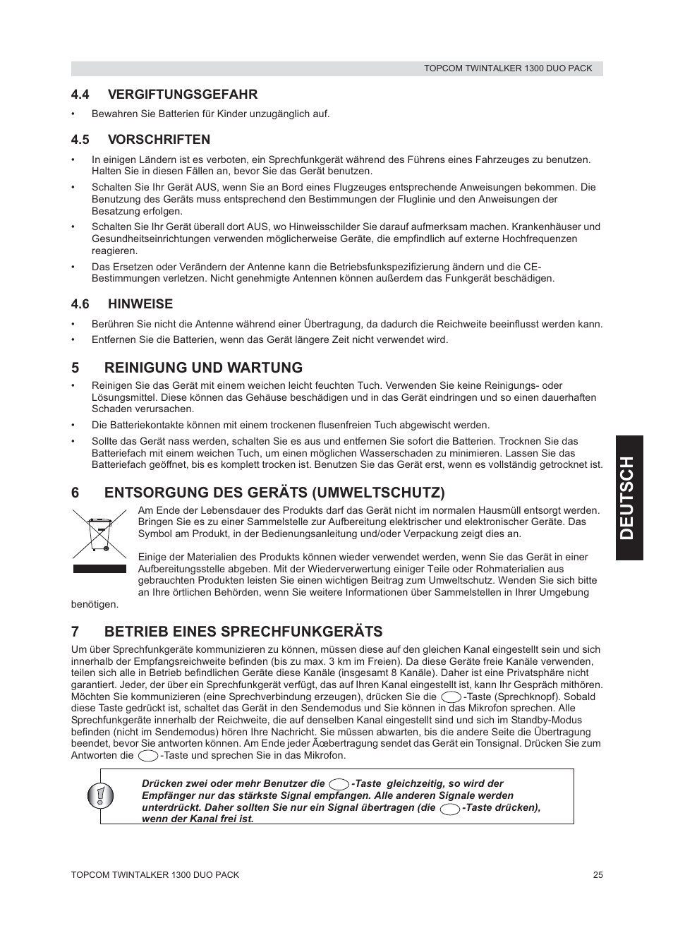 Deutsch, 5reinigung und wartung, 6entsorgung des geräts (umweltschutz) | 7betrieb eines sprechfunkgeräts | Topcom 1300 DUO PACK User Manual | Page 25 / 124