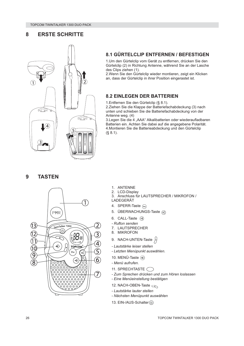 8erste schritte, 9tasten, 1 gürtelclip entfernen / befestigen | 2 einlegen der batterien | Topcom 1300 DUO PACK User Manual | Page 26 / 124