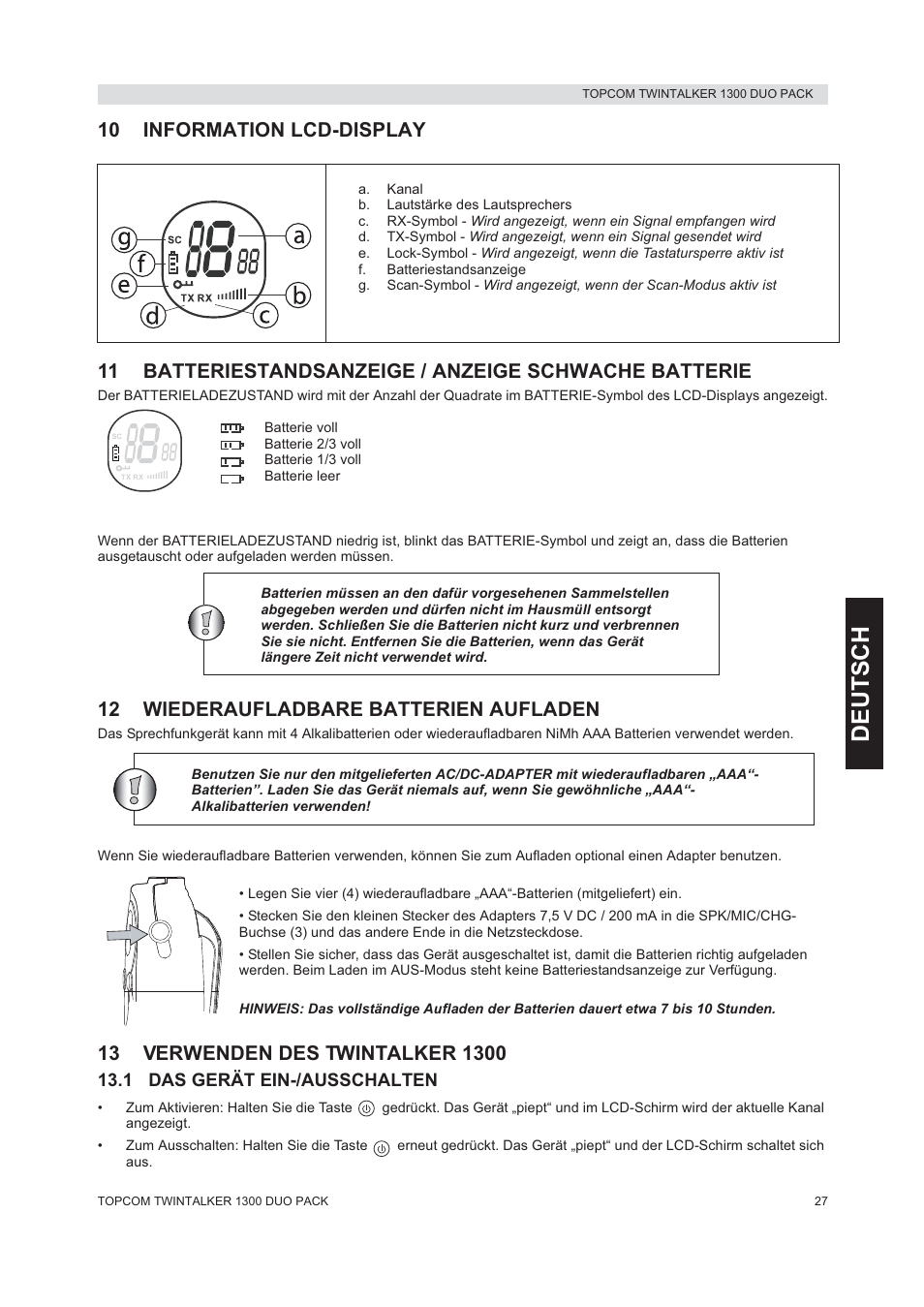 Deutsch, 12 wiederaufladbare batterien aufladen | Topcom 1300 DUO PACK User Manual | Page 27 / 124