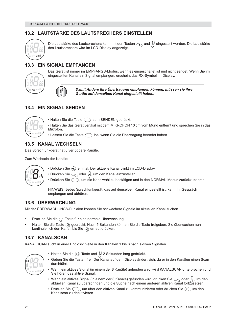 2 lautstärke des lautsprechers einstellen, 3 ein signal empfangen, 4 ein signal senden | 5 kanal wechseln, 6 überwachung, 7 kanalscan | Topcom 1300 DUO PACK User Manual | Page 28 / 124