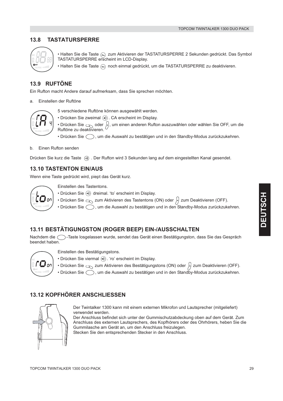 Deutsch, 8 tastatursperre, 9 ruftöne | 10 tastenton ein/aus, 11 bestätigungston (roger beep) ein-/ausschalten, 12 kopfhörer anschliessen | Topcom 1300 DUO PACK User Manual | Page 29 / 124