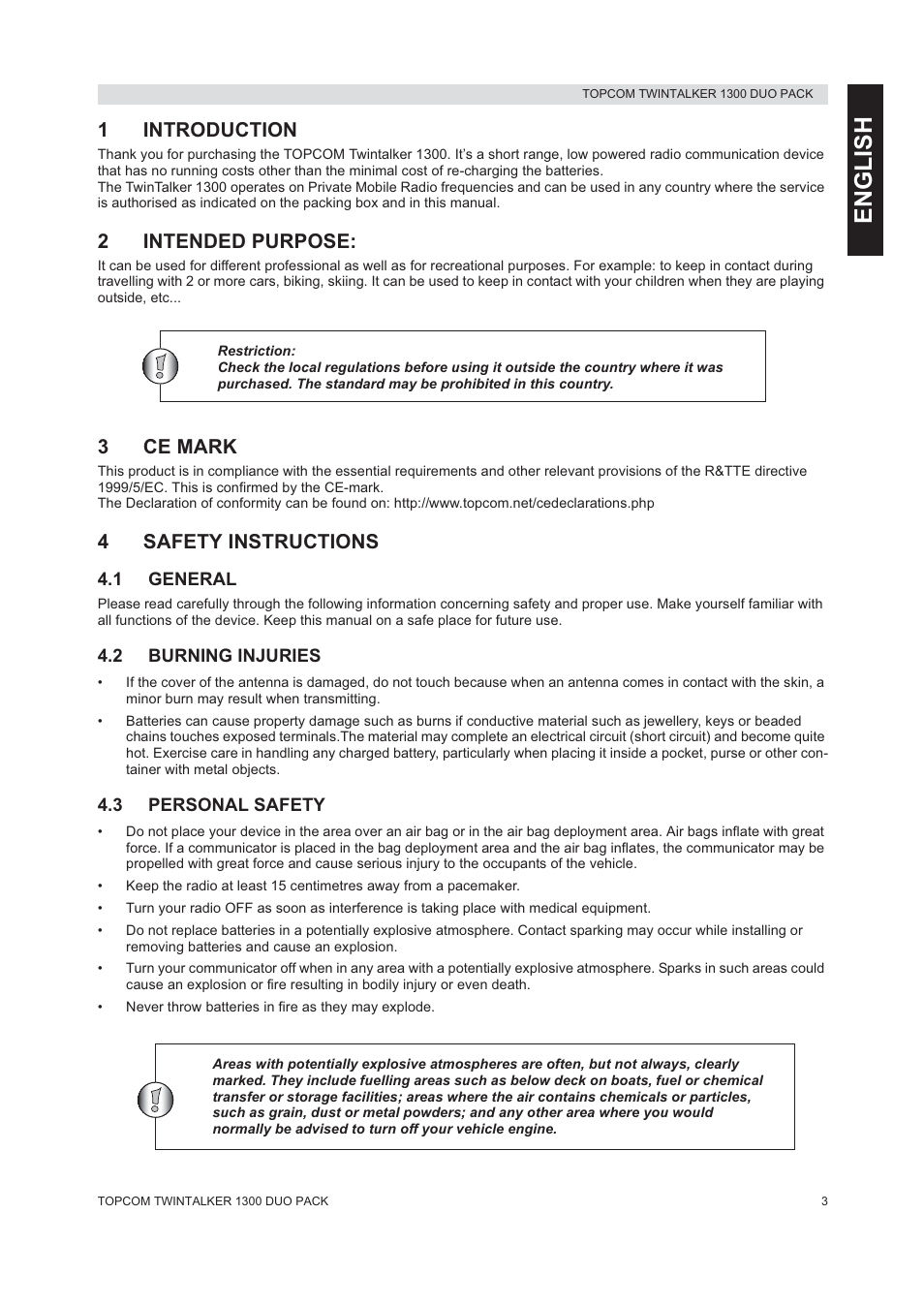 English, 1introduction, 2intended purpose | 3ce mark, 4safety instructions | Topcom 1300 DUO PACK User Manual | Page 3 / 124