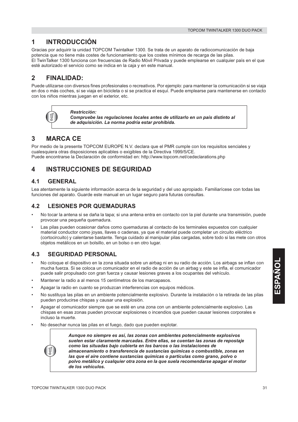 Esp añol, 1introducción, 2finalidad | 3marca ce, 4instrucciones de seguridad | Topcom 1300 DUO PACK User Manual | Page 31 / 124