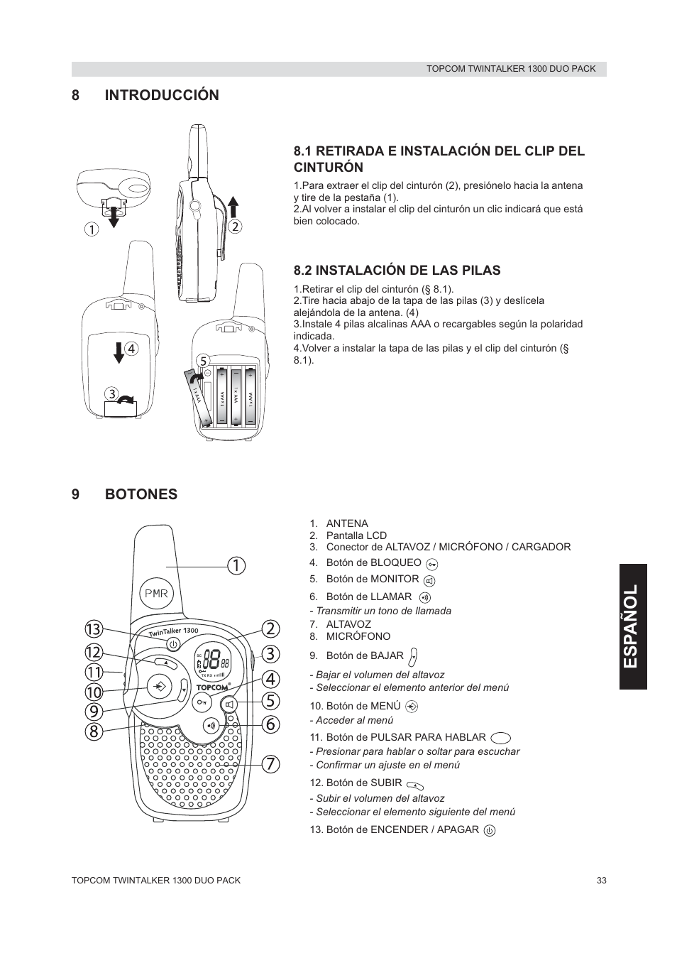 Esp añol, 8introducción, 9botones | Topcom 1300 DUO PACK User Manual | Page 33 / 124