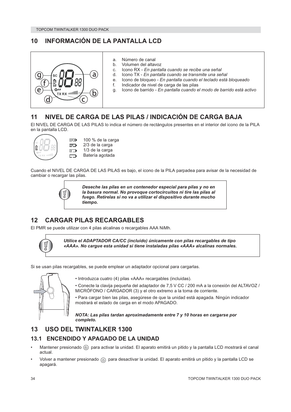 12 cargar pilas recargables | Topcom 1300 DUO PACK User Manual | Page 34 / 124