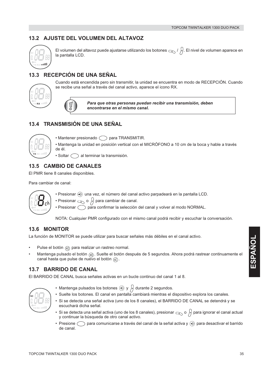 Esp añol, 2 ajuste del volumen del altavoz, 3 recepción de una señal | 4 transmisión de una señal, 5 cambio de canales, 6 monitor, 7 barrido de canal | Topcom 1300 DUO PACK User Manual | Page 35 / 124