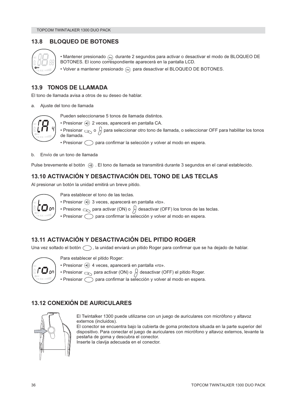 8 bloqueo de botones, 9 tonos de llamada, 11 activación y desactivación del pitido roger | 12 conexión de auriculares | Topcom 1300 DUO PACK User Manual | Page 36 / 124