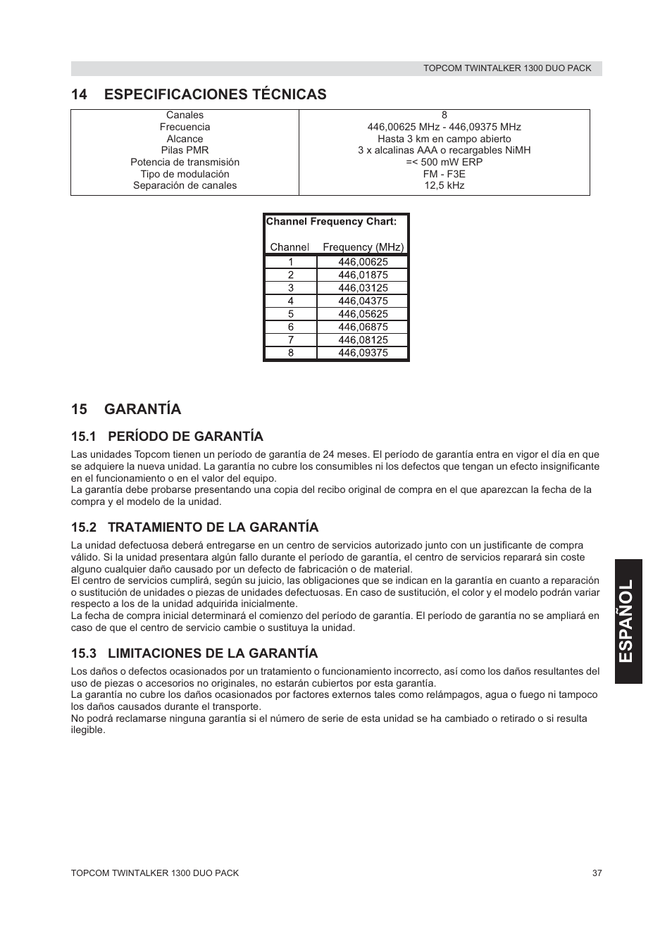 Esp añol, 14 especificaciones técnicas 15 garantía | Topcom 1300 DUO PACK User Manual | Page 37 / 124