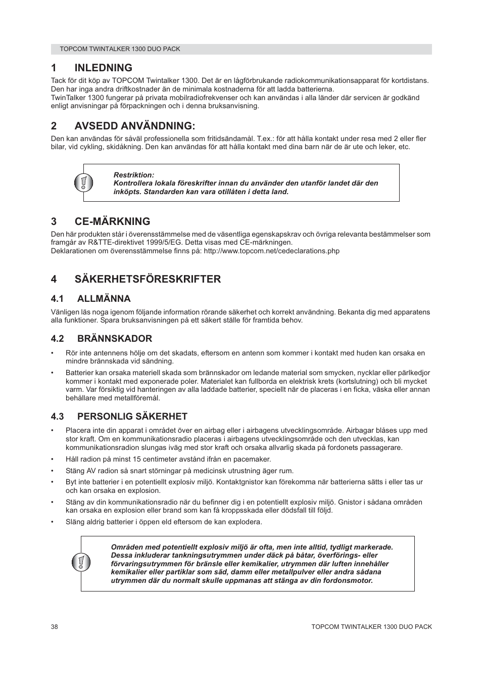 1inledning, 2avsedd användning, 3ce-märkning | 4säkerhetsföreskrifter | Topcom 1300 DUO PACK User Manual | Page 38 / 124