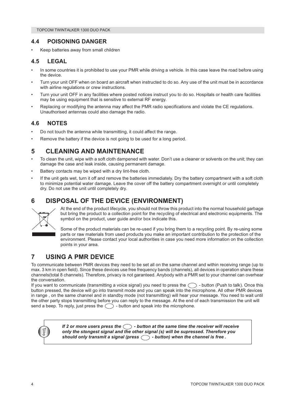 5cleaning and maintenance, 6disposal of the device (environment), 7using a pmr device | Topcom 1300 DUO PACK User Manual | Page 4 / 124