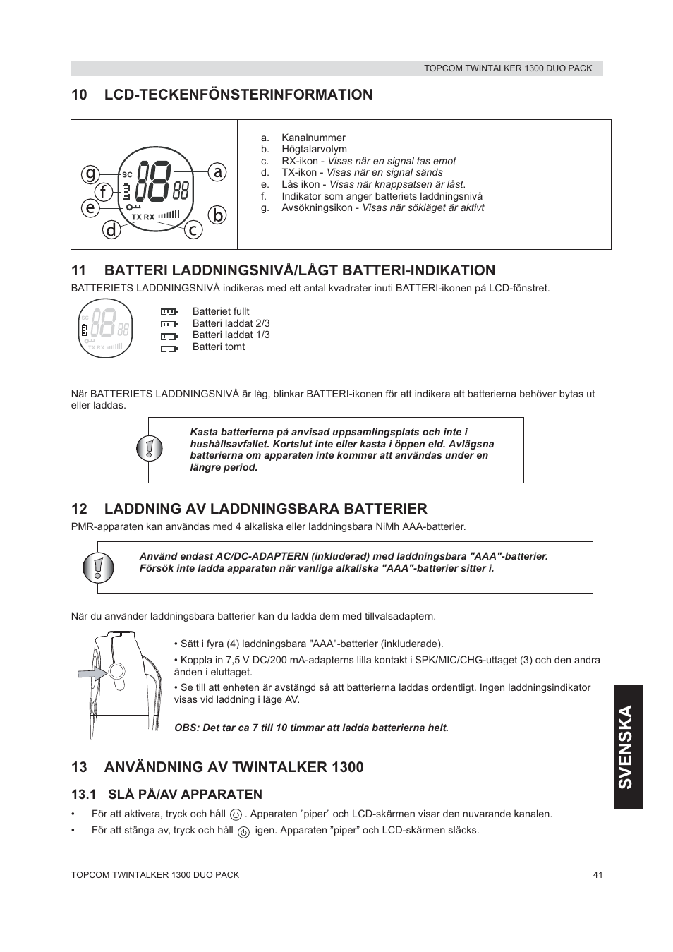 Svenska, 12 laddning av laddningsbara batterier | Topcom 1300 DUO PACK User Manual | Page 41 / 124