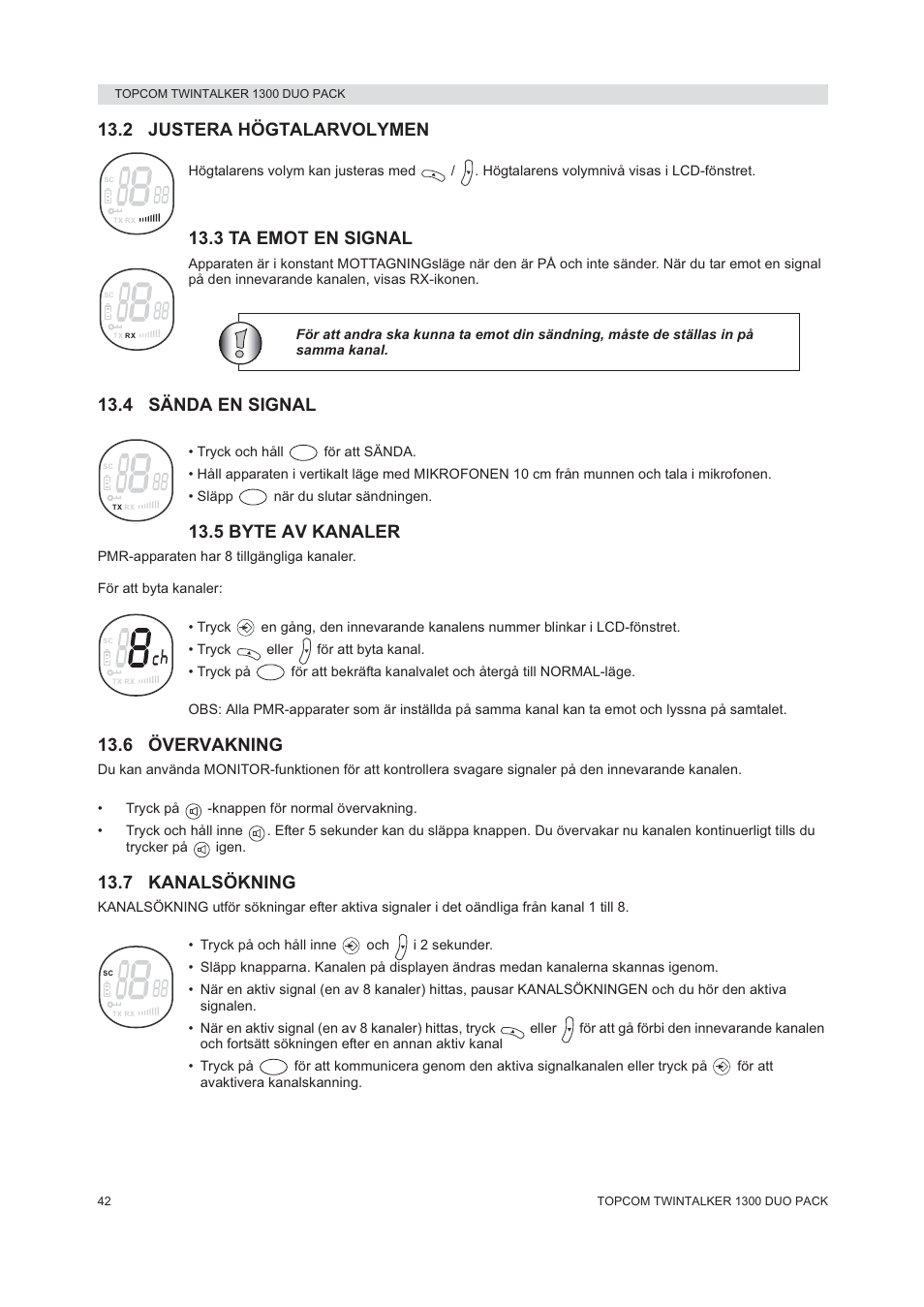 2 justera högtalarvolymen, 3 ta emot en signal, 4 sända en signal | 5 byte av kanaler, 6 övervakning, 7 kanalsökning | Topcom 1300 DUO PACK User Manual | Page 42 / 124