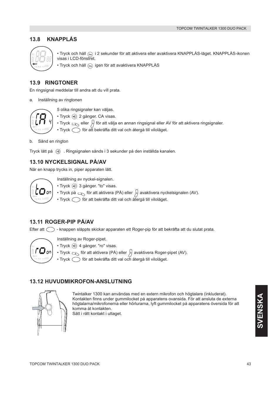 Svenska, 8 knapplås, 9 ringtoner | 10 nyckelsignal på/av, 11 roger-pip på/av, 12 huvudmikrofon-anslutning | Topcom 1300 DUO PACK User Manual | Page 43 / 124