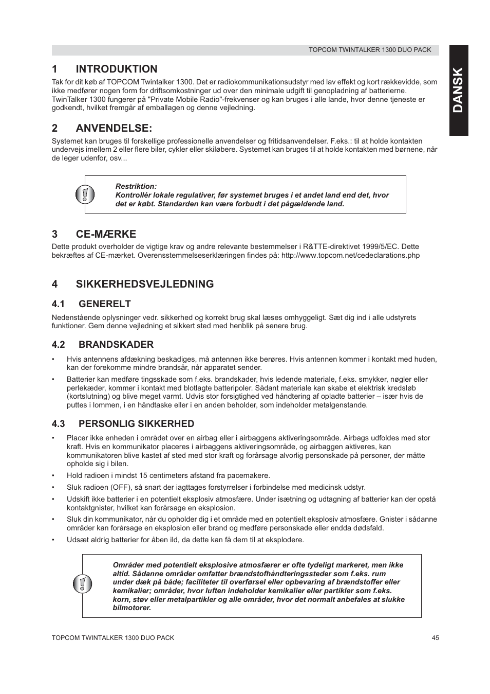 Dansk, 1introduktion, 2anvendelse | 3ce-mærke, 4sikkerhedsvejledning | Topcom 1300 DUO PACK User Manual | Page 45 / 124