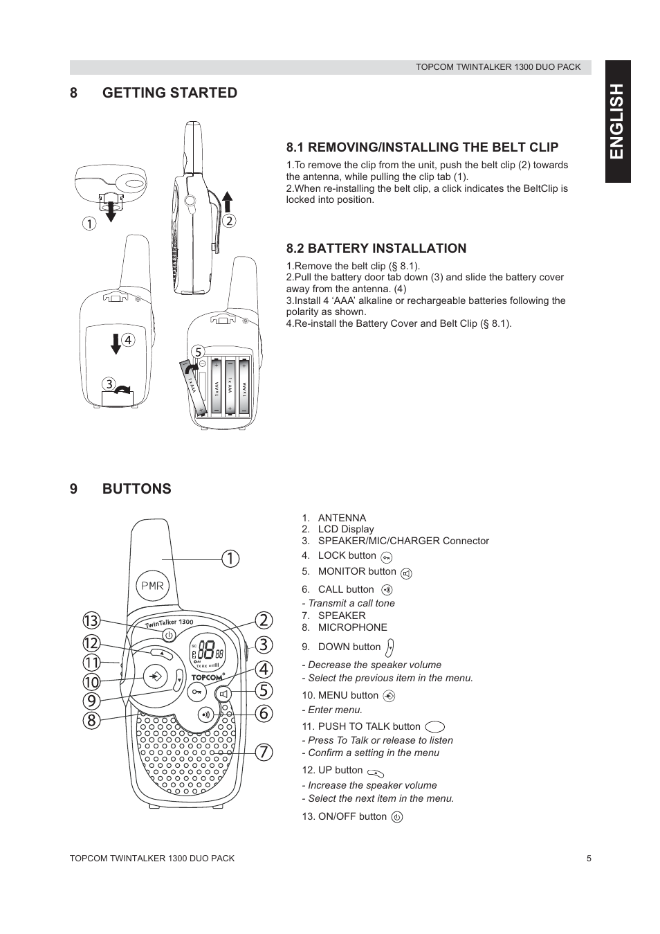 English, 8getting started, 9buttons | Topcom 1300 DUO PACK User Manual | Page 5 / 124