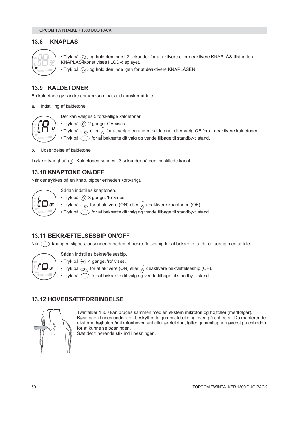 8 knaplås, 9 kaldetoner, 10 knaptone on/off | 11 bekræftelsesbip on/off, 12 hovedsætforbindelse | Topcom 1300 DUO PACK User Manual | Page 50 / 124