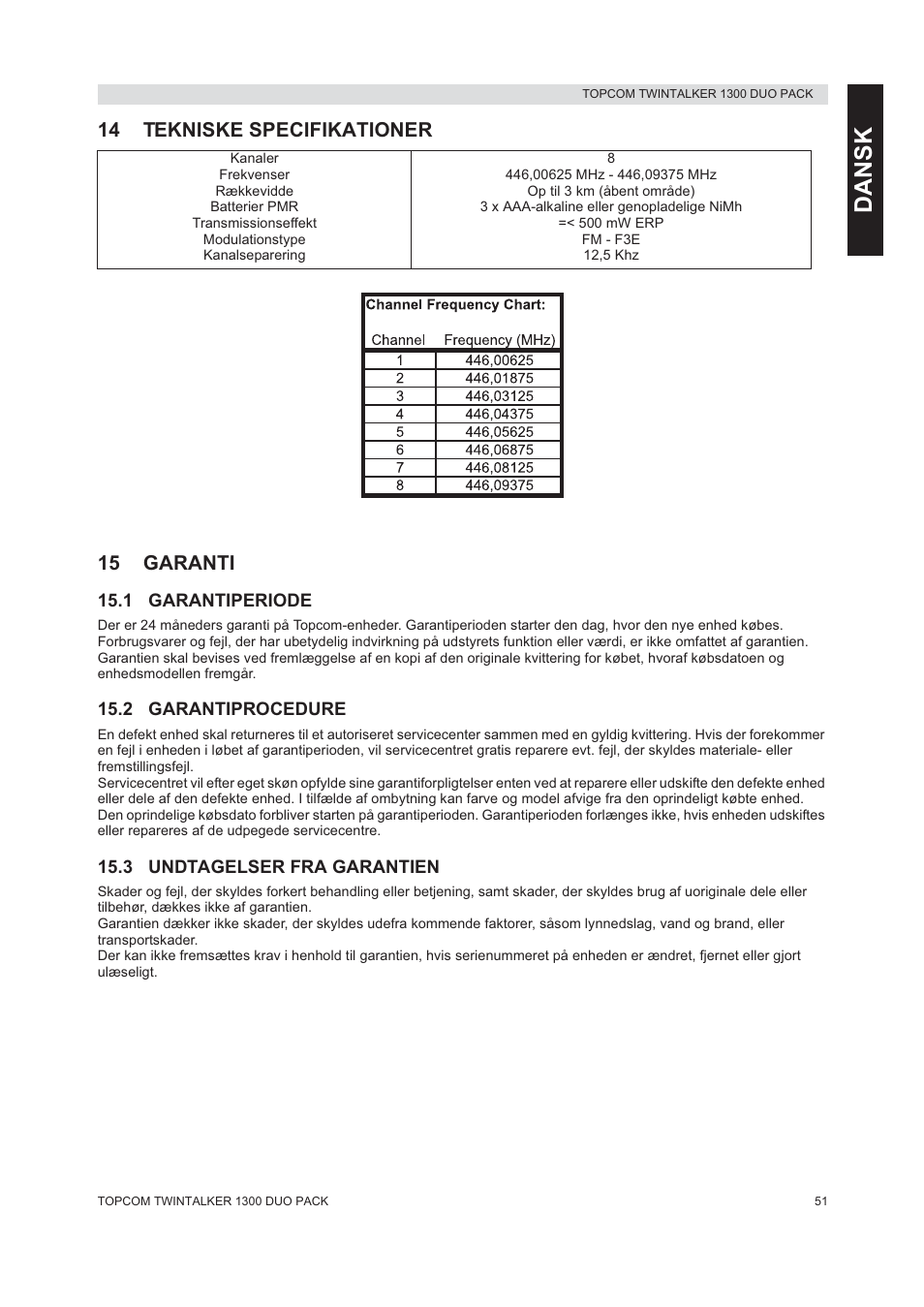 Dansk, 14 tekniske specifikationer 15 garanti | Topcom 1300 DUO PACK User Manual | Page 51 / 124