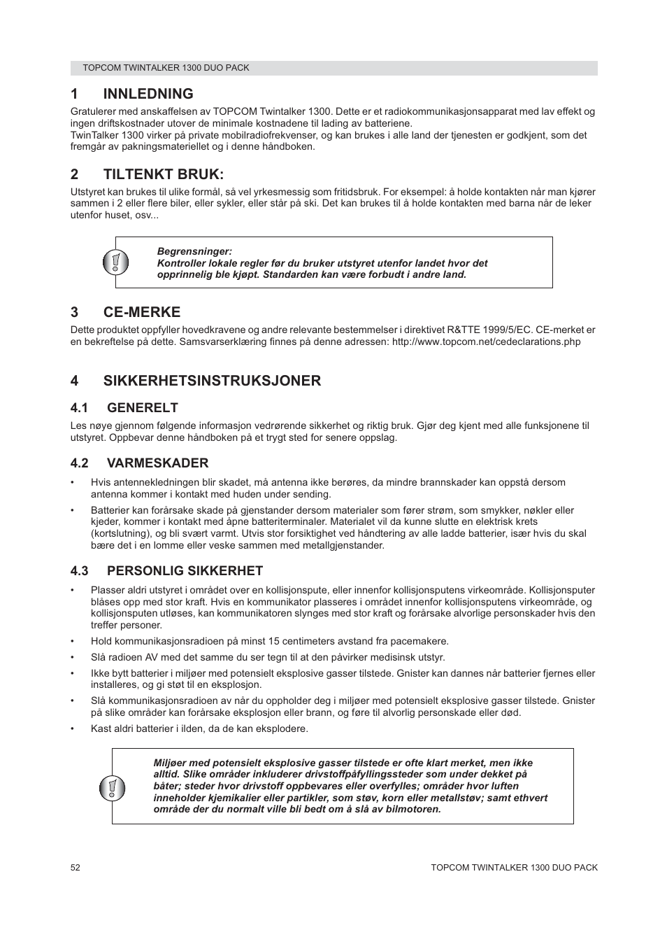 1innledning, 2tiltenkt bruk, 3ce-merke | 4sikkerhetsinstruksjoner | Topcom 1300 DUO PACK User Manual | Page 52 / 124