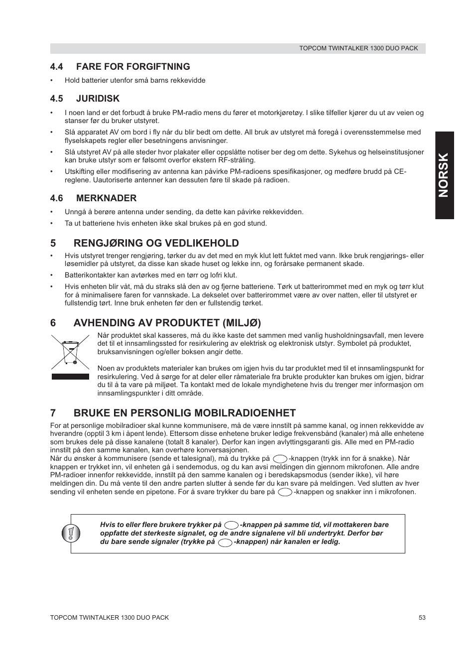 Norsk, 5rengjøring og vedlikehold, 6avhending av produktet (miljø) | 7bruke en personlig mobilradioenhet | Topcom 1300 DUO PACK User Manual | Page 53 / 124