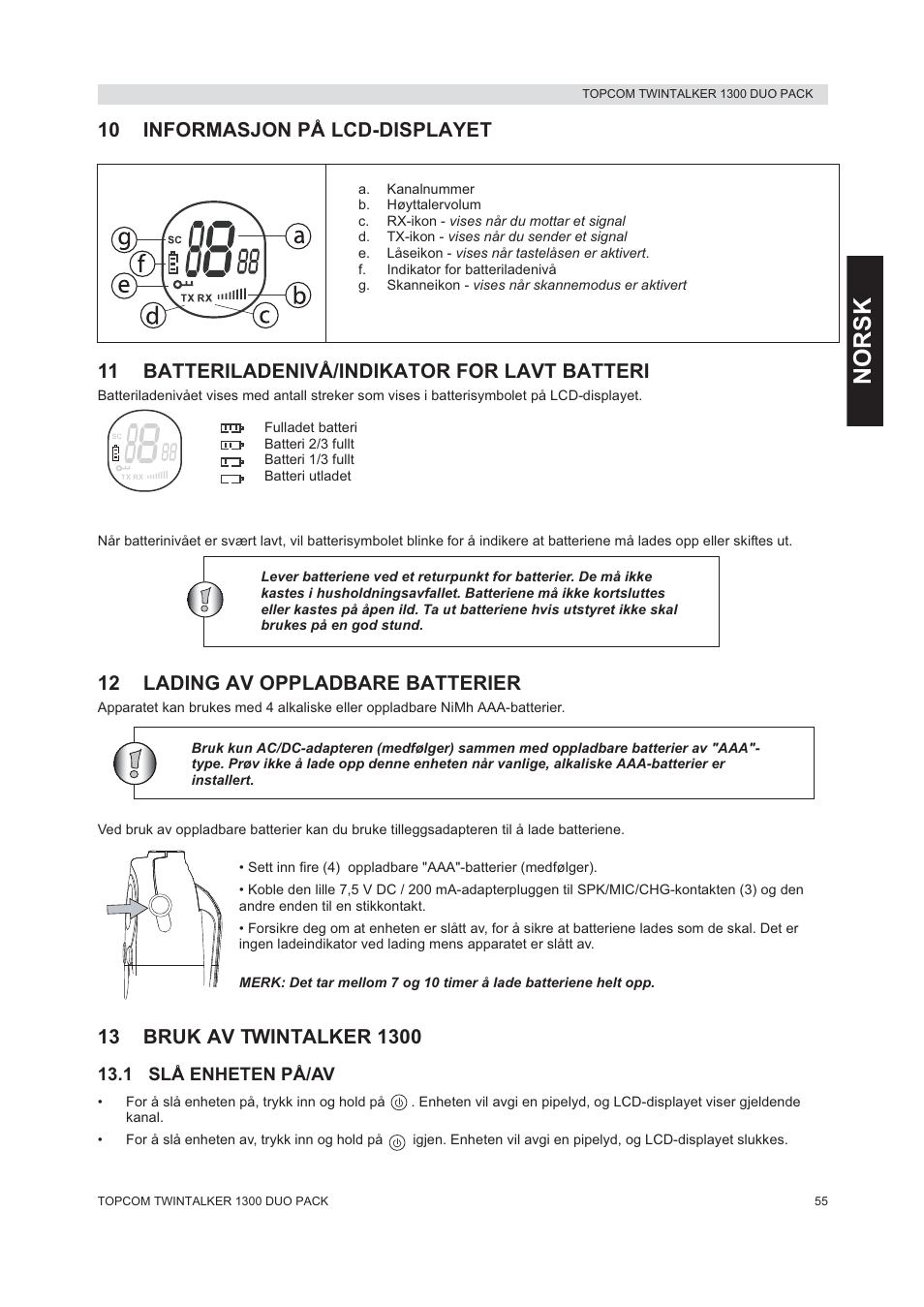 Norsk, 12 lading av oppladbare batterier | Topcom 1300 DUO PACK User Manual | Page 55 / 124