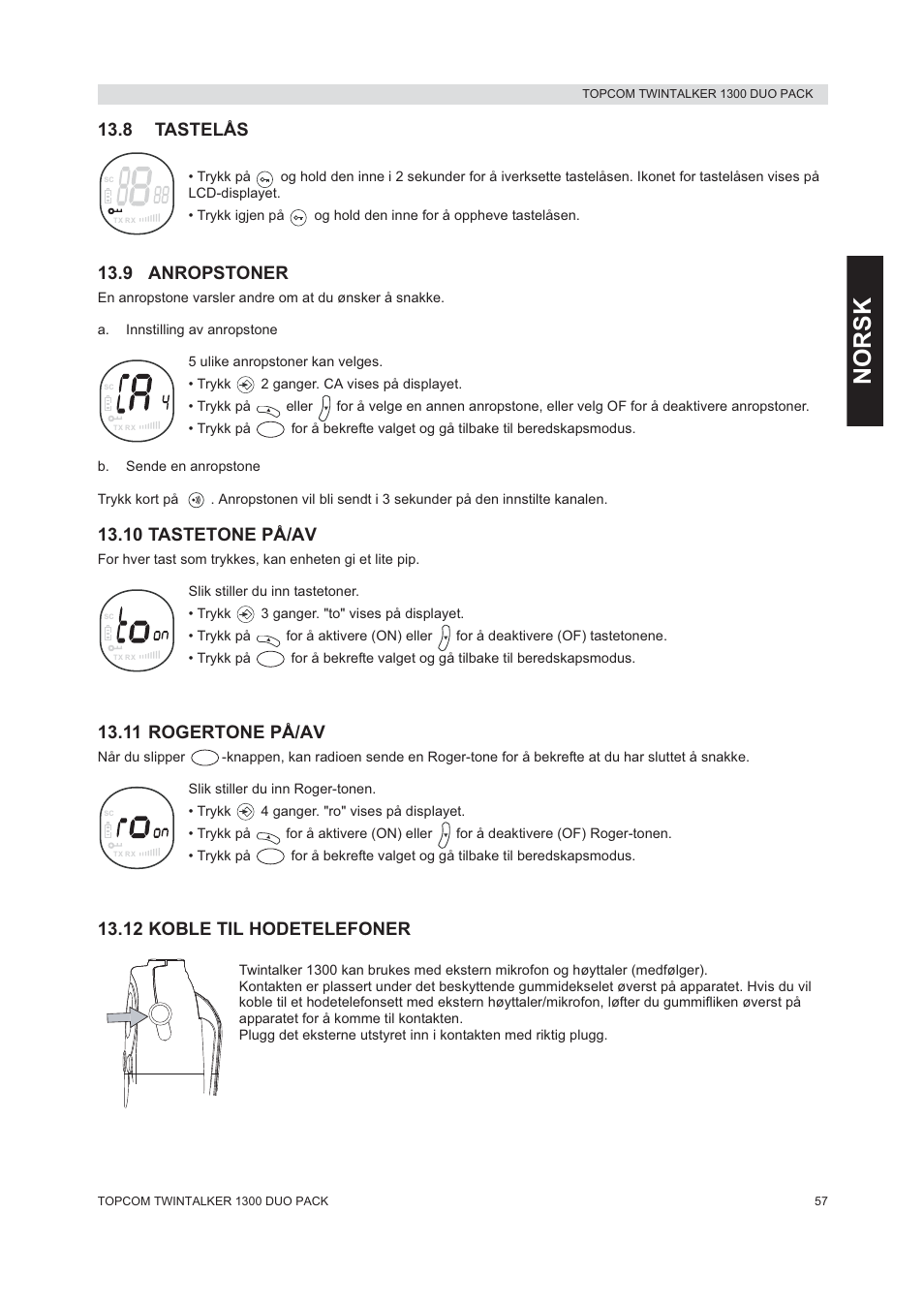 Norsk, 8 tastelås, 9 anropstoner | 10 tastetone på/av, 11 rogertone på/av, 12 koble til hodetelefoner | Topcom 1300 DUO PACK User Manual | Page 57 / 124