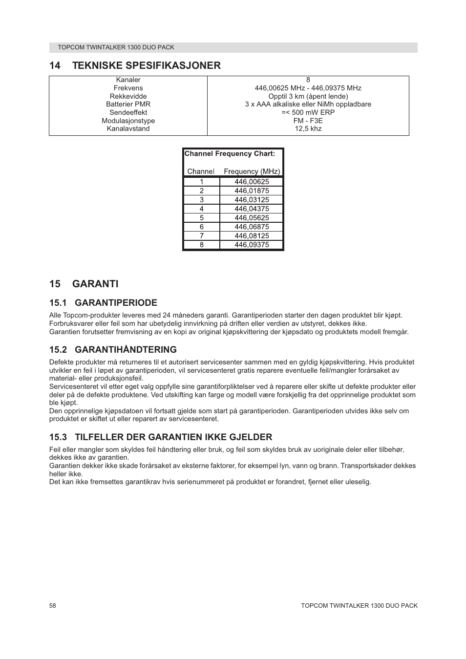 14 tekniske spesifikasjoner 15 garanti | Topcom 1300 DUO PACK User Manual | Page 58 / 124