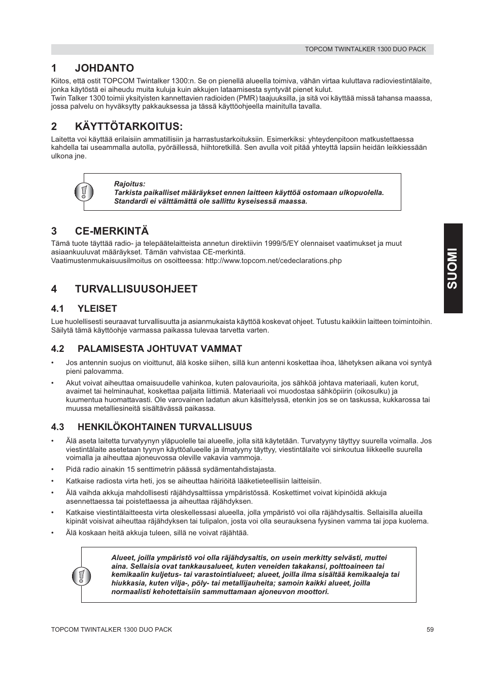 Suom i, 1johdanto, 2käyttötarkoitus | 3ce-merkintä, 4turvallisuusohjeet | Topcom 1300 DUO PACK User Manual | Page 59 / 124