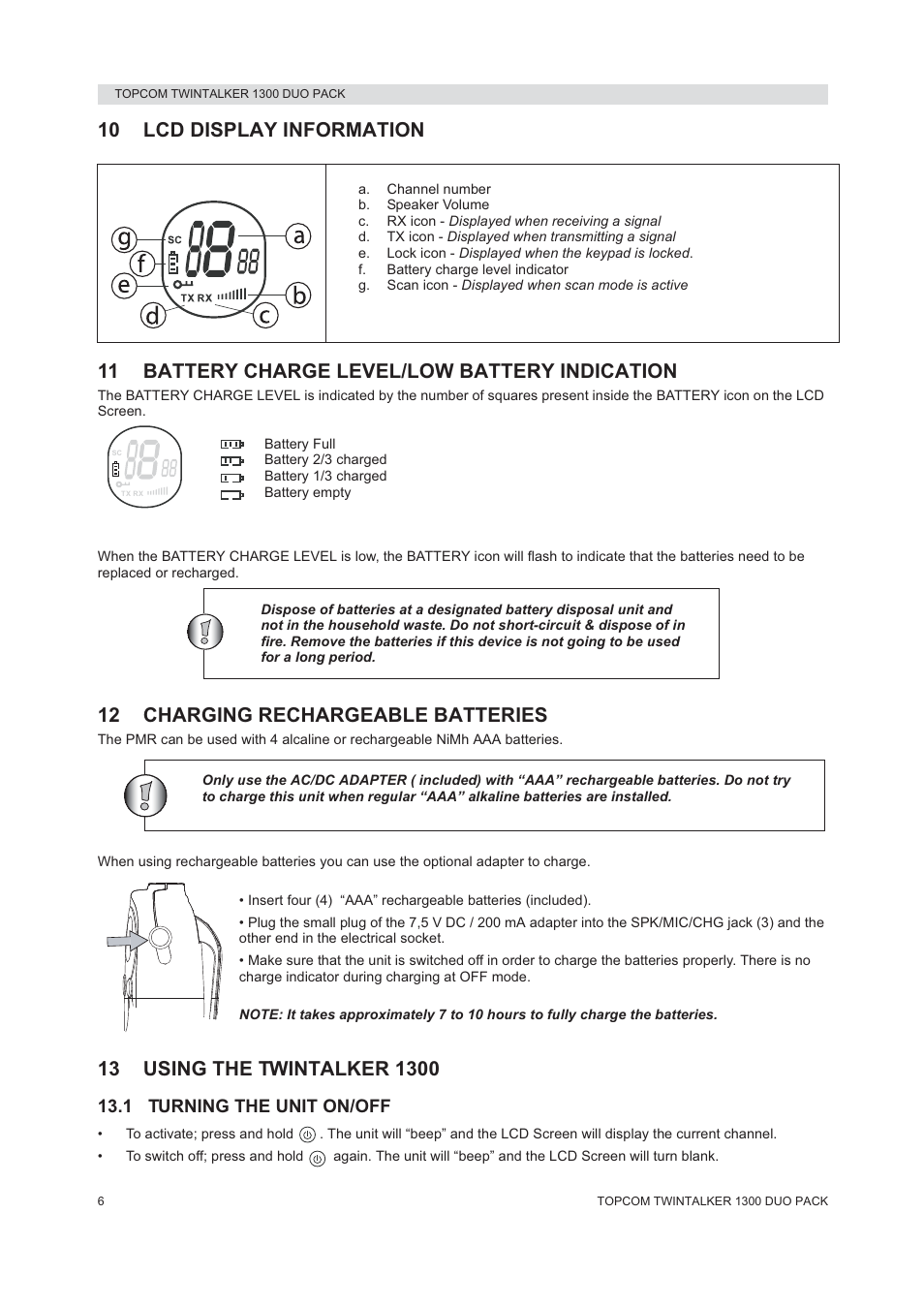 12 charging rechargeable batteries | Topcom 1300 DUO PACK User Manual | Page 6 / 124