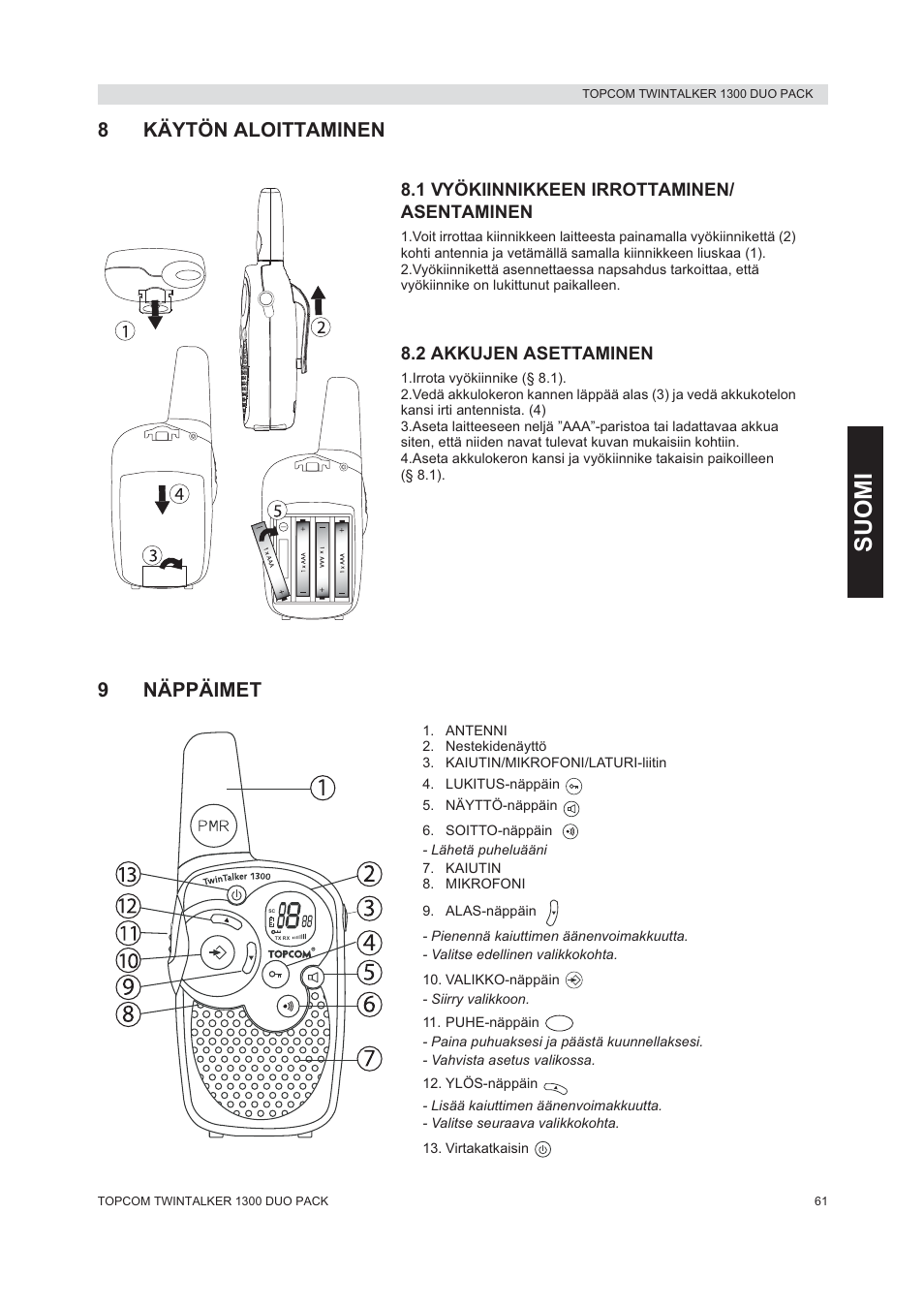 Suom i, 8käytön aloittaminen, 9näppäimet | Topcom 1300 DUO PACK User Manual | Page 61 / 124