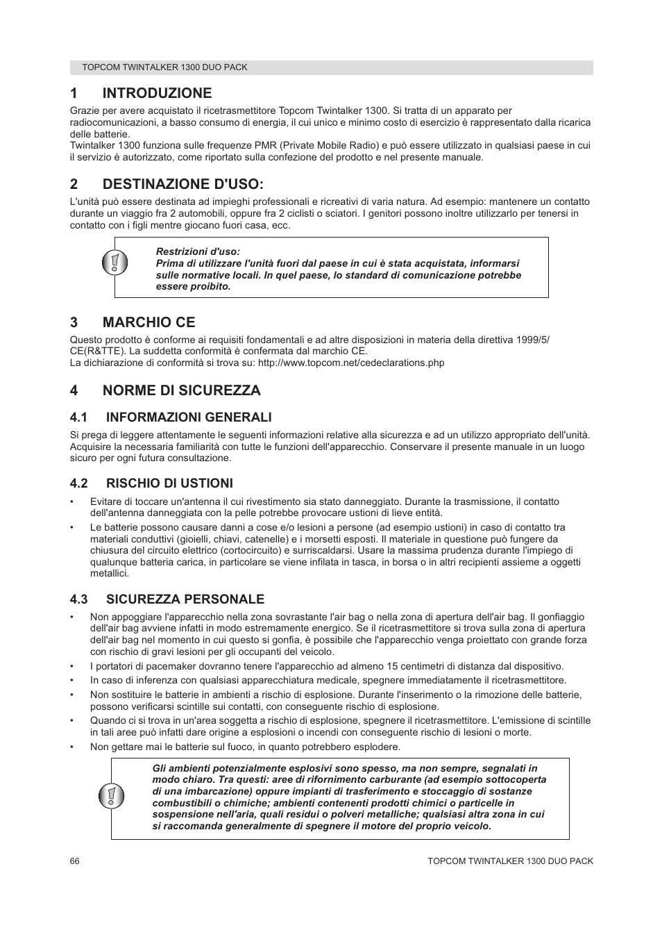 1introduzione, 2destinazione d'uso, 3marchio ce | 4norme di sicurezza | Topcom 1300 DUO PACK User Manual | Page 66 / 124