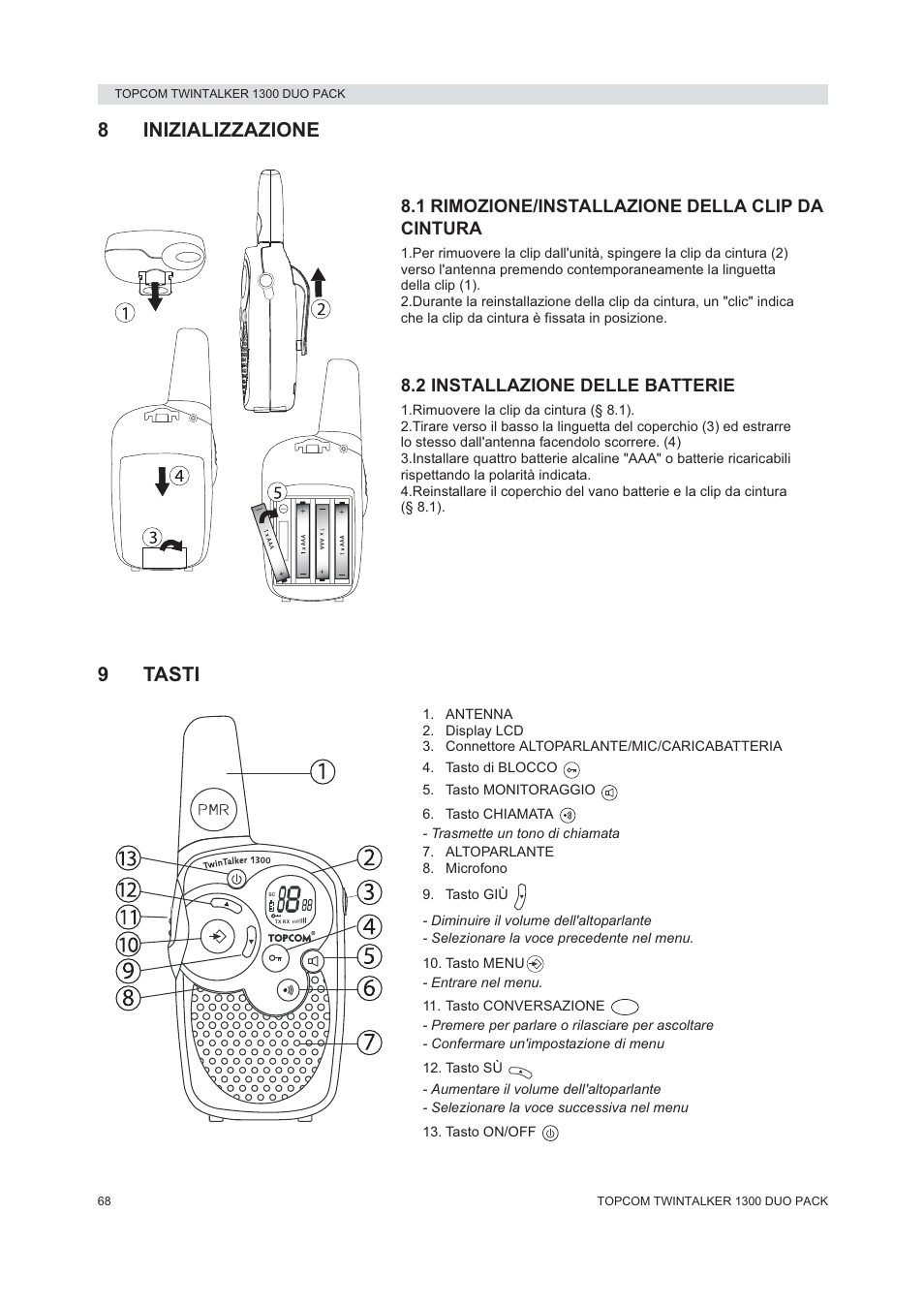 8inizializzazione, 9tasti, 1 rimozione/installazione della clip da cintura | 2 installazione delle batterie | Topcom 1300 DUO PACK User Manual | Page 68 / 124