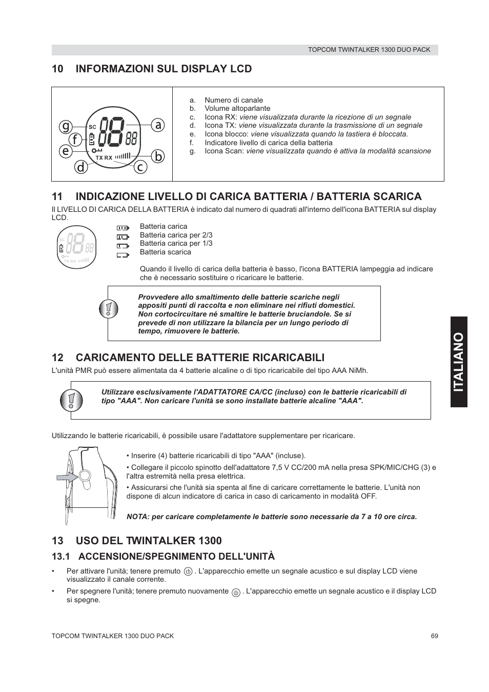 It aliano, 12 caricamento delle batterie ricaricabili | Topcom 1300 DUO PACK User Manual | Page 69 / 124