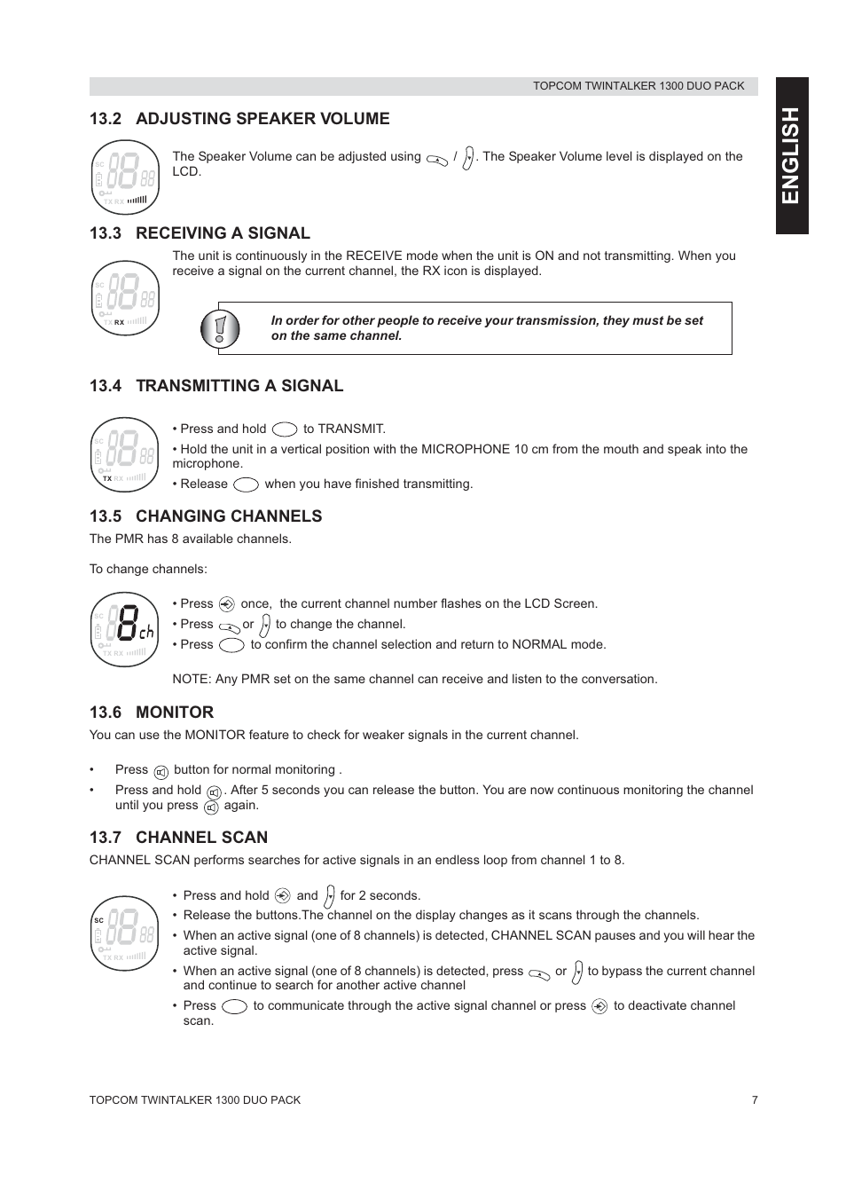 English, 2 adjusting speaker volume, 3 receiving a signal | 4 transmitting a signal, 5 changing channels, 6 monitor, 7 channel scan | Topcom 1300 DUO PACK User Manual | Page 7 / 124