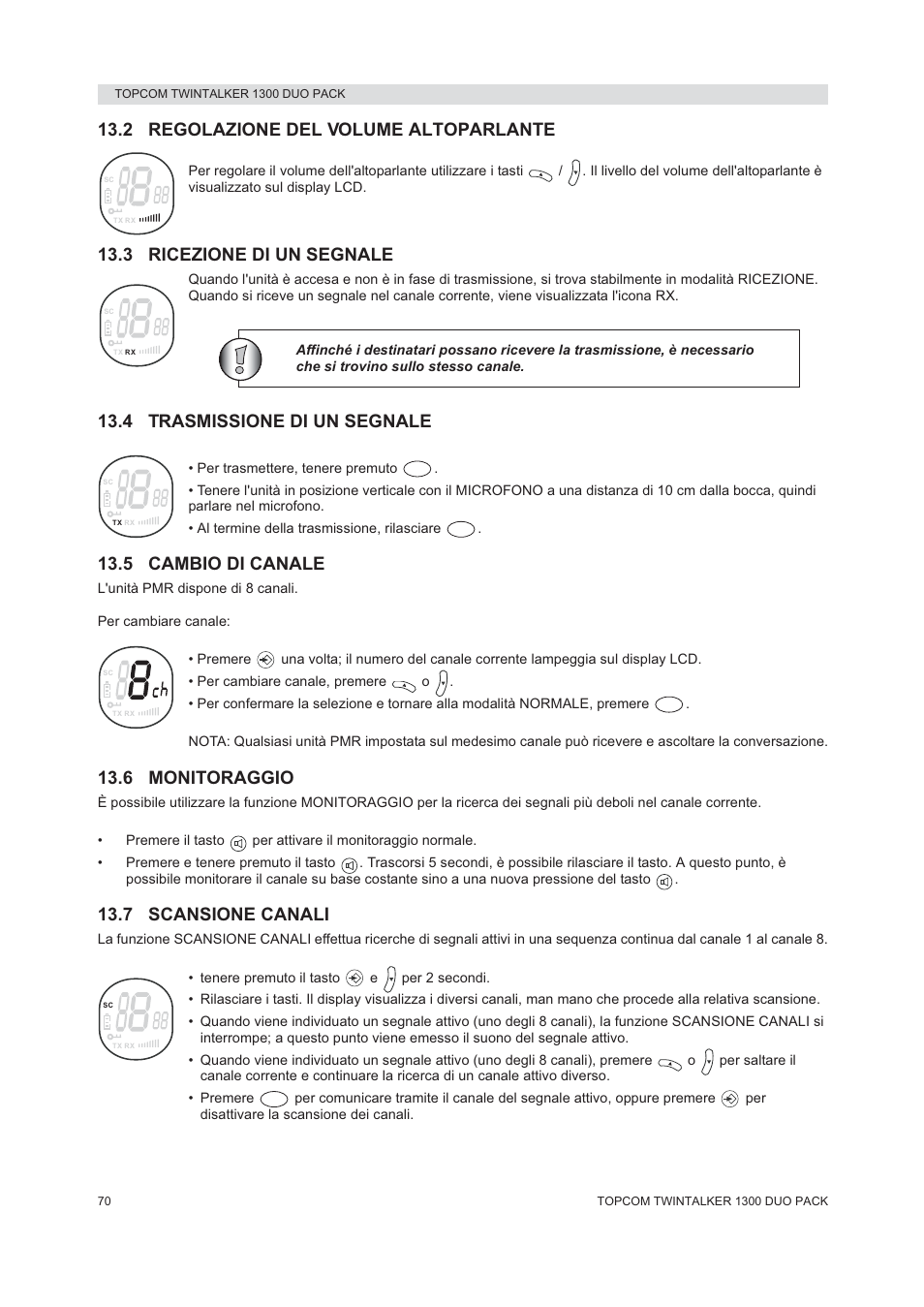 2 regolazione del volume altoparlante, 3 ricezione di un segnale, 4 trasmissione di un segnale | 5 cambio di canale, 6 monitoraggio, 7 scansione canali | Topcom 1300 DUO PACK User Manual | Page 70 / 124