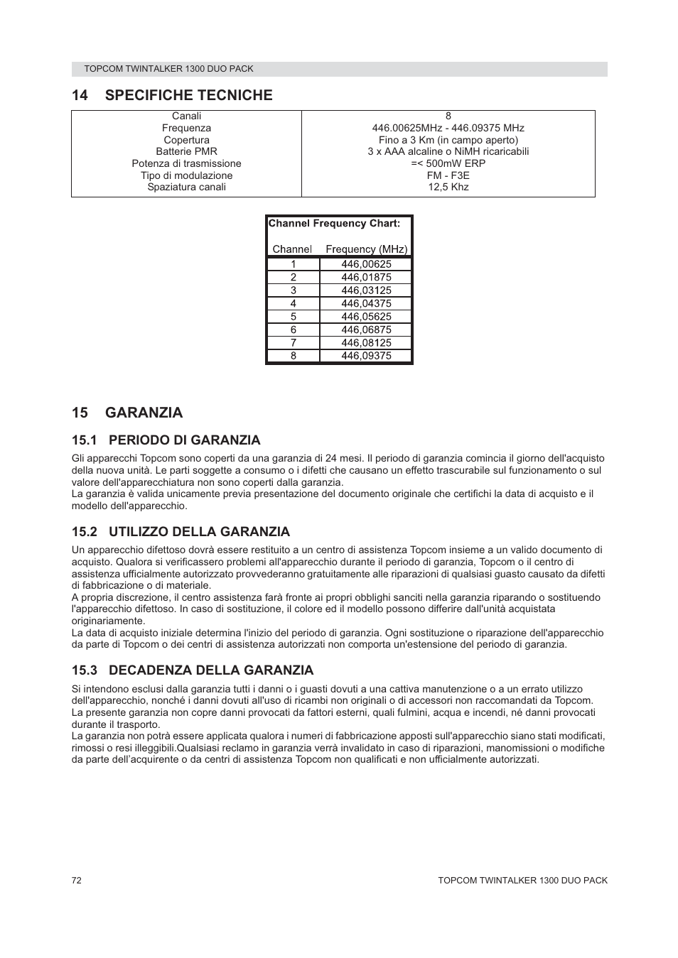 14 specifiche tecniche 15 garanzia | Topcom 1300 DUO PACK User Manual | Page 72 / 124