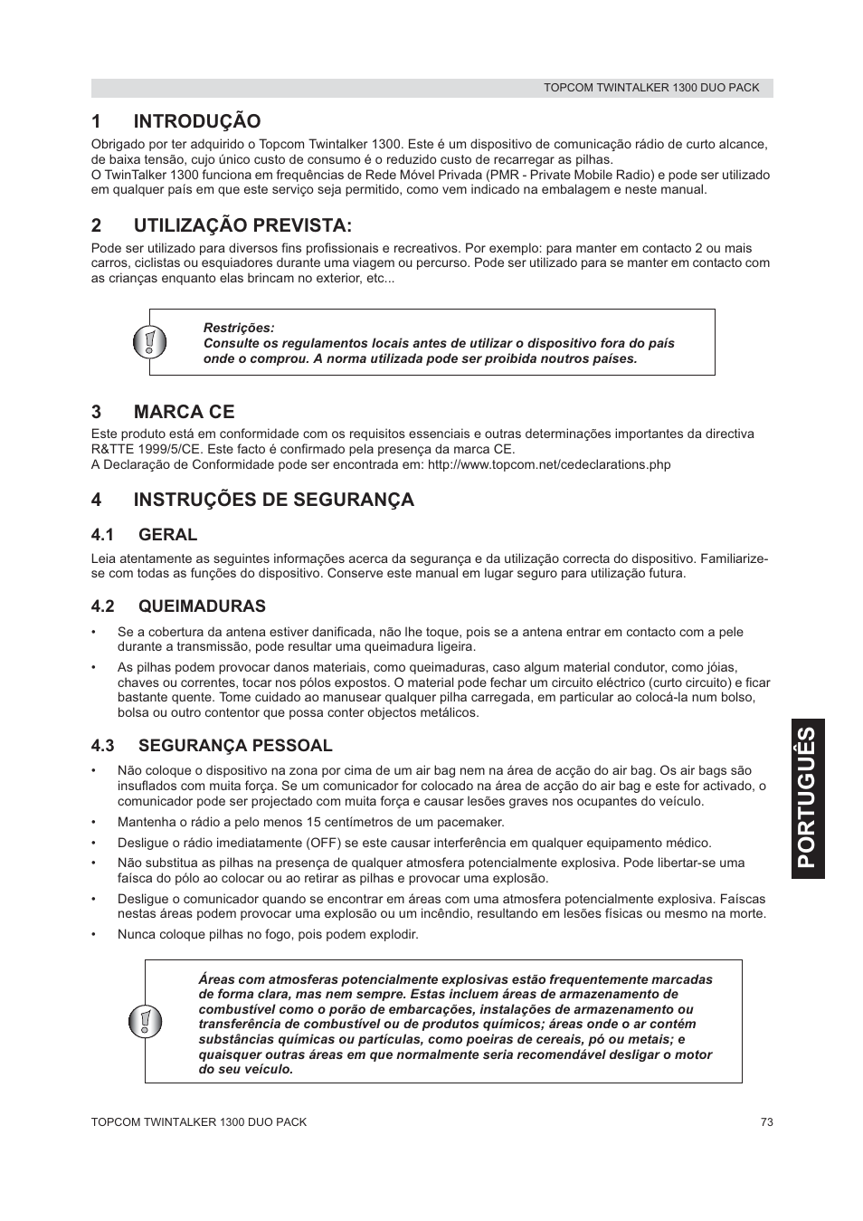 Português, 1introdução, 2utilização prevista | 3marca ce, 4instruções de segurança | Topcom 1300 DUO PACK User Manual | Page 73 / 124