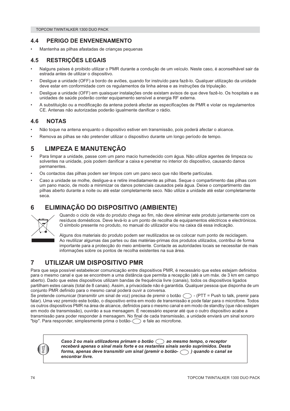 5limpeza e manutenção, 6eliminação do dispositivo (ambiente), 7utilizar um dispositivo pmr | Topcom 1300 DUO PACK User Manual | Page 74 / 124