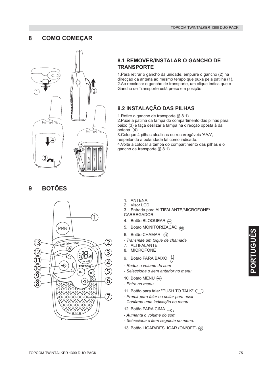 Português, 8como começar, 9botões | Topcom 1300 DUO PACK User Manual | Page 75 / 124