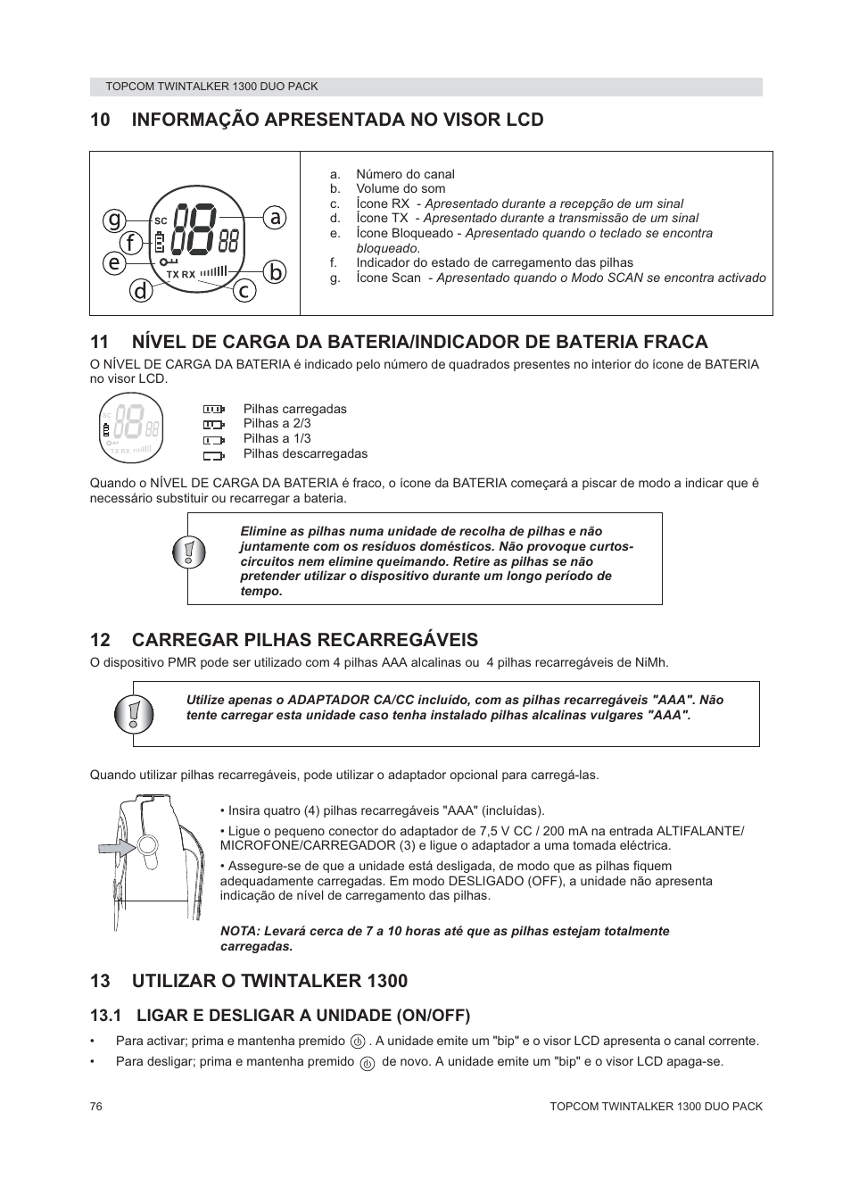 12 carregar pilhas recarregáveis | Topcom 1300 DUO PACK User Manual | Page 76 / 124