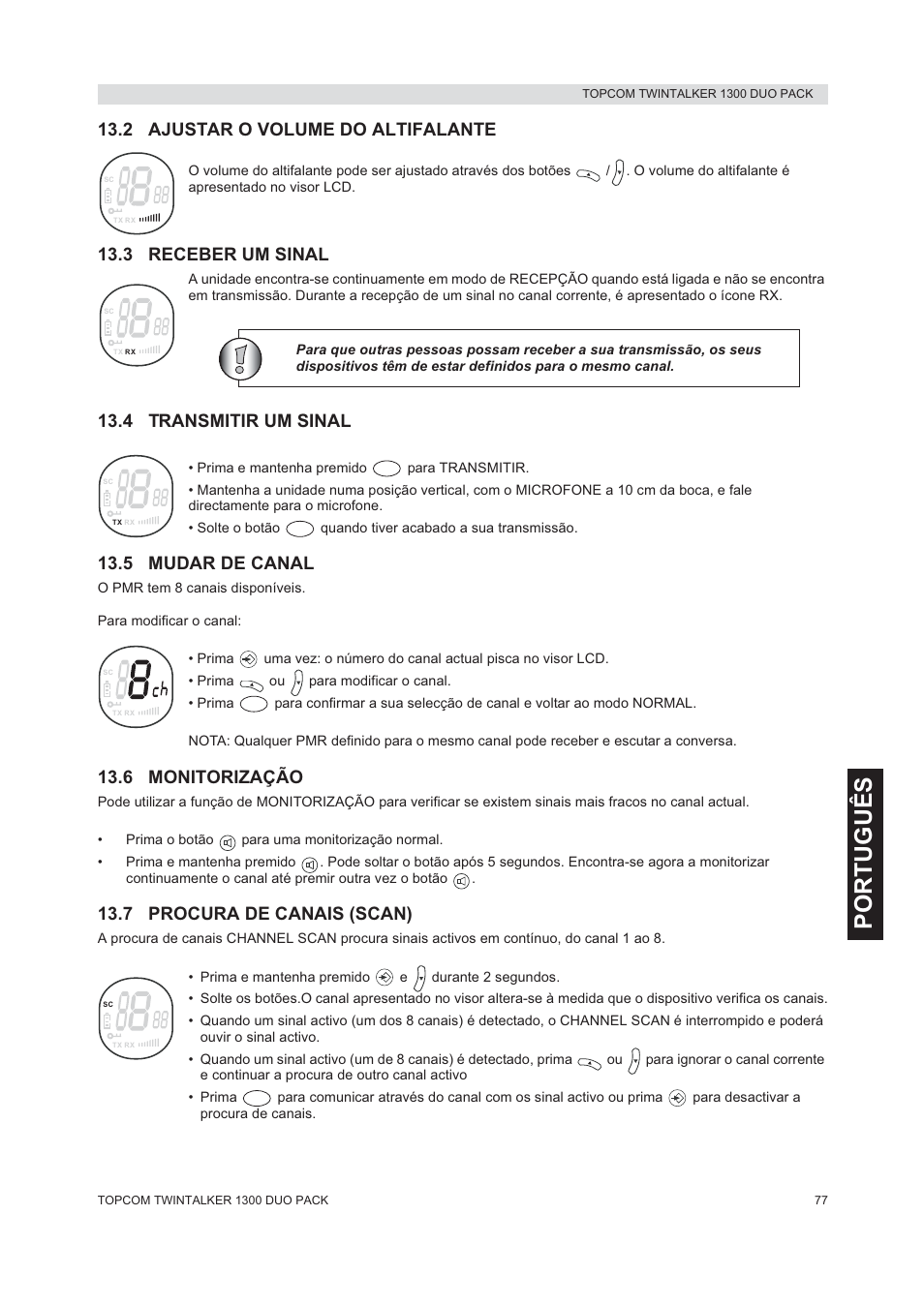 Português, 2 ajustar o volume do altifalante, 3 receber um sinal | 4 transmitir um sinal, 5 mudar de canal, 6 monitorização, 7 procura de canais (scan) | Topcom 1300 DUO PACK User Manual | Page 77 / 124