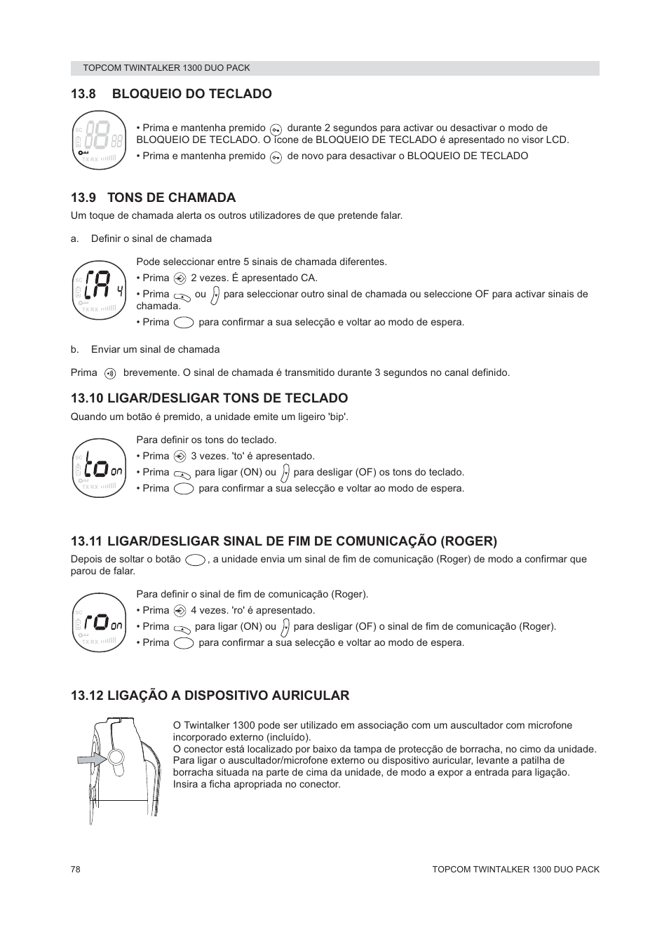 8 bloqueio do teclado, 9 tons de chamada, 10 ligar/desligar tons de teclado | 12 ligação a dispositivo auricular | Topcom 1300 DUO PACK User Manual | Page 78 / 124