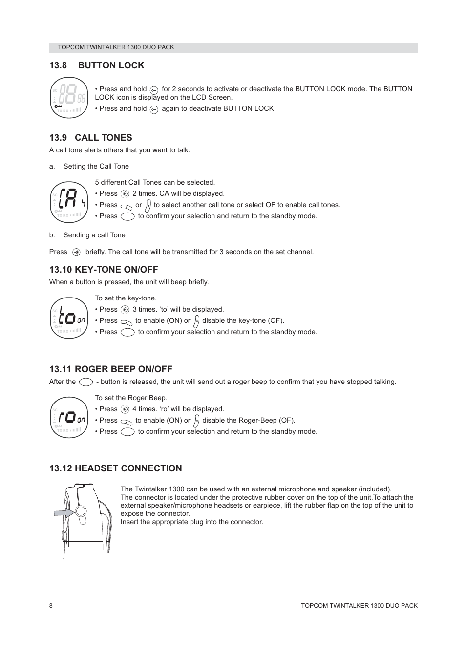 8 button lock, 9 call tones, 10 key-tone on/off | 11 roger beep on/off, 12 headset connection | Topcom 1300 DUO PACK User Manual | Page 8 / 124