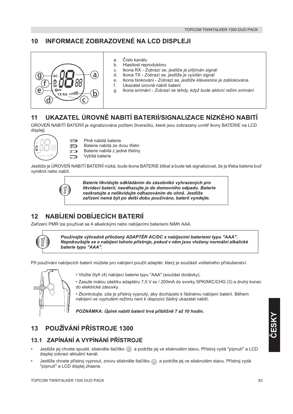 Ýesky, 12 nabíjení dobíjecích baterií | Topcom 1300 DUO PACK User Manual | Page 83 / 124